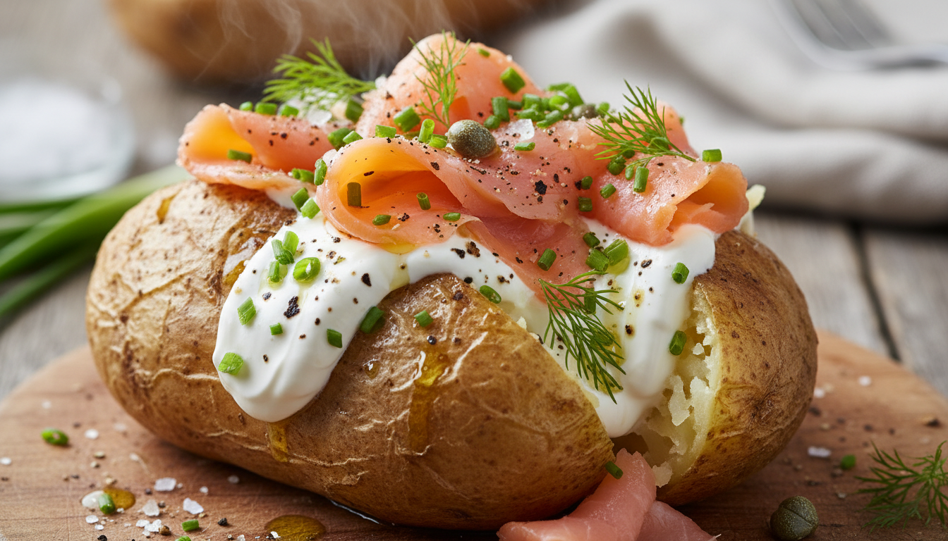 découvrez une recette simple et savoureuse de pommes de terre au four garnies de saumon fumé, fondantes à souhait et riches en saveurs pour un repas gourmand et rapide.