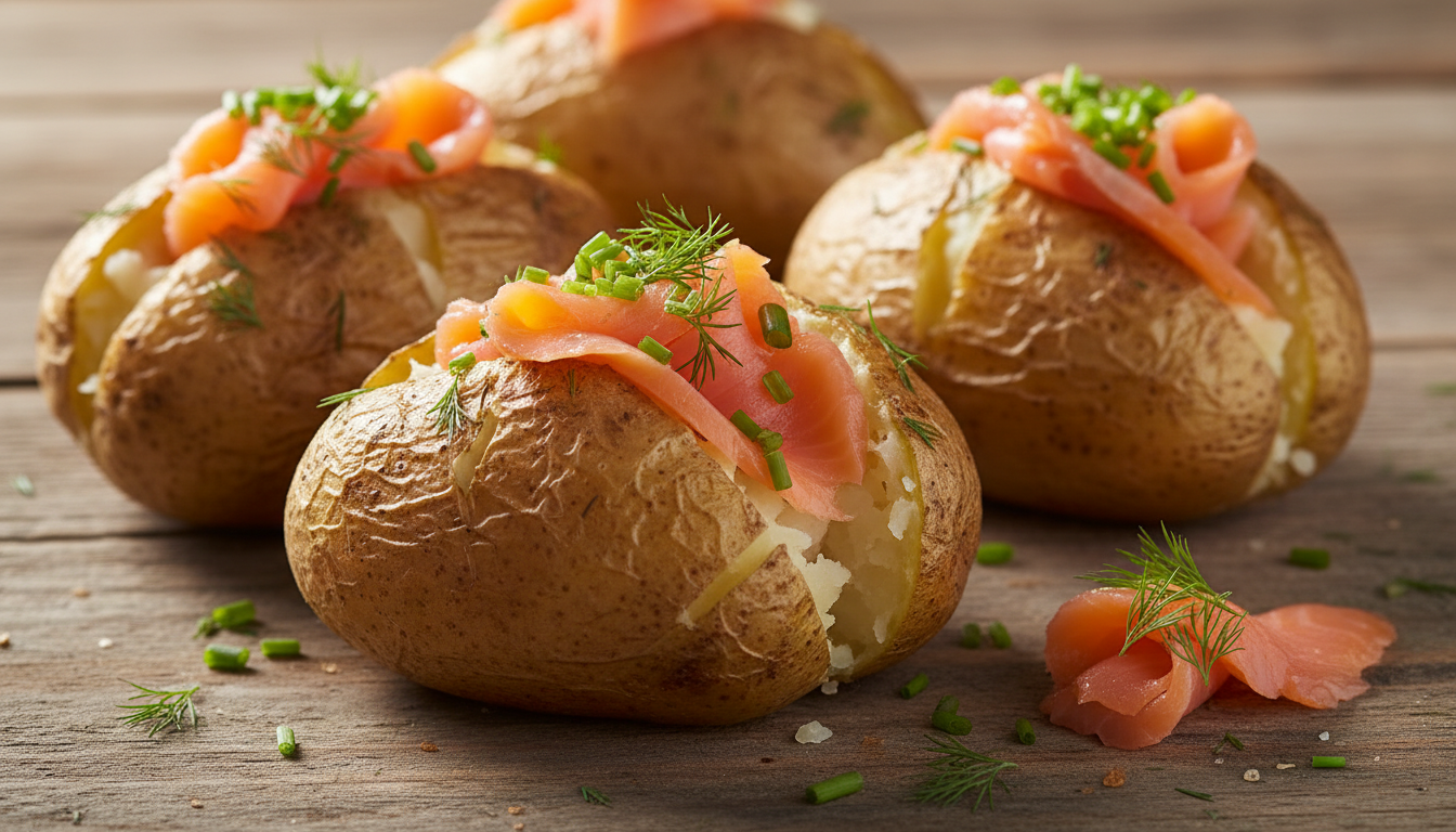 découvrez une recette facile et délicieuse de pommes de terre au four garnies de saumon fumé, au cœur tendre et riche en saveurs pour un repas gourmand et rapide.