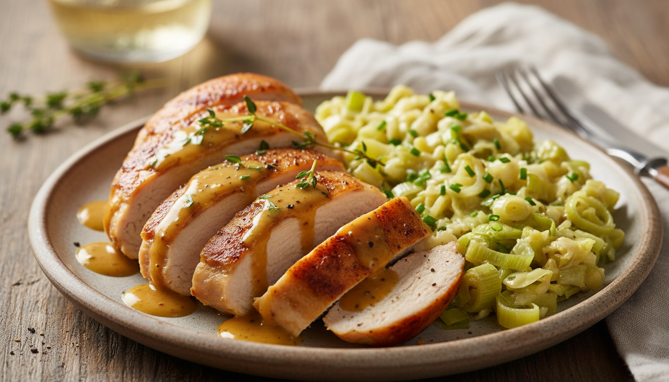 découvrez notre recette de poulet à la moutarde accompagné d'une fondue de poireaux ultra fondante, le plat réconfortant et savoureux parfait pour réchauffer vos repas d'hiver.