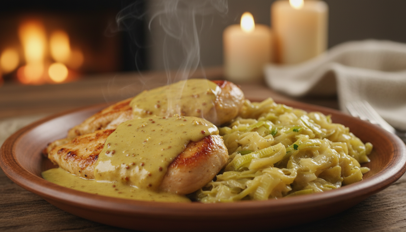 découvrez notre recette de poulet à la moutarde accompagné d'une fondue de poireaux ultra fondante, un plat réconfortant parfait pour réchauffer vos repas cet hiver.