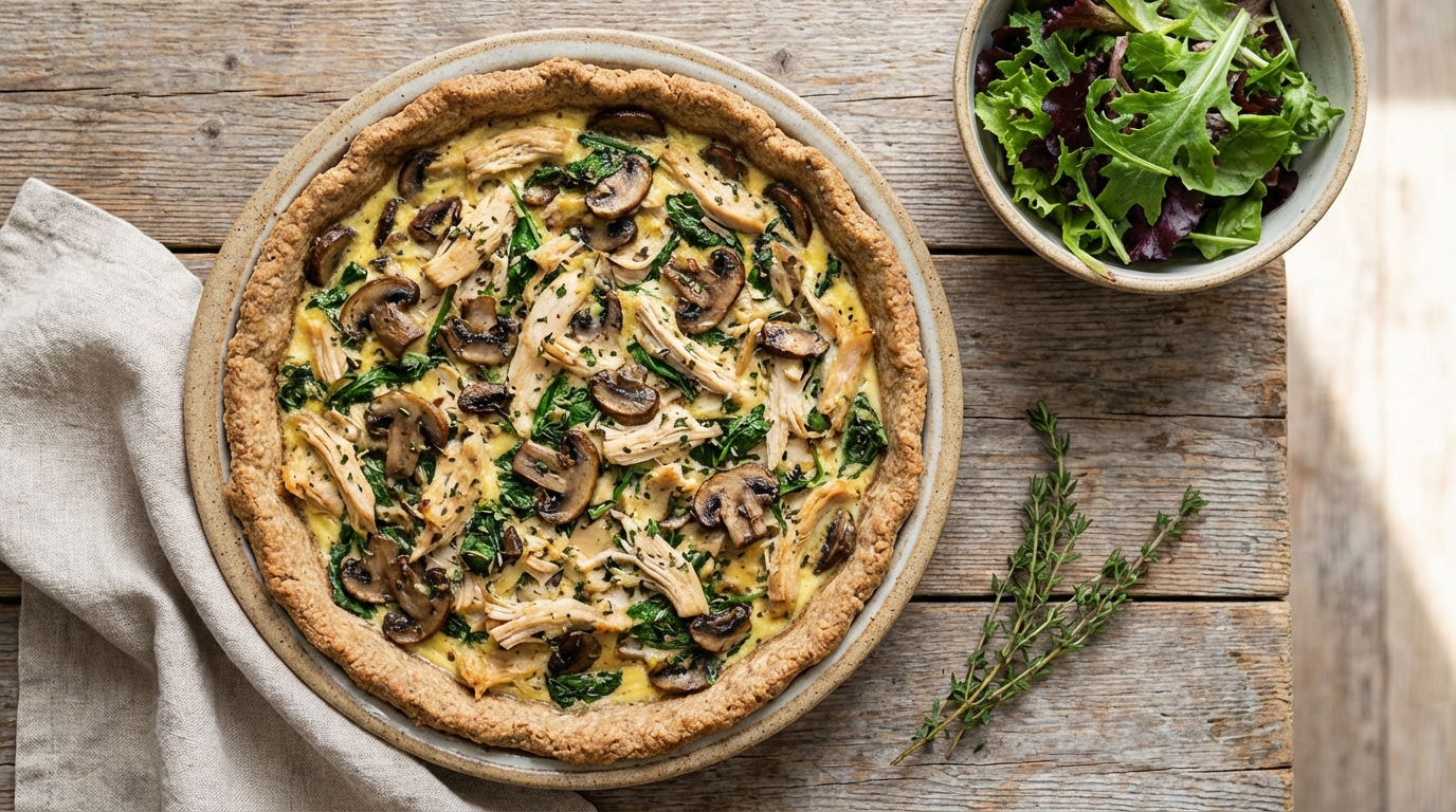 découvrez notre quiche légère aux champignons et poulet, une recette savoureuse, facile et rapide à préparer pour un repas équilibré et gourmand.