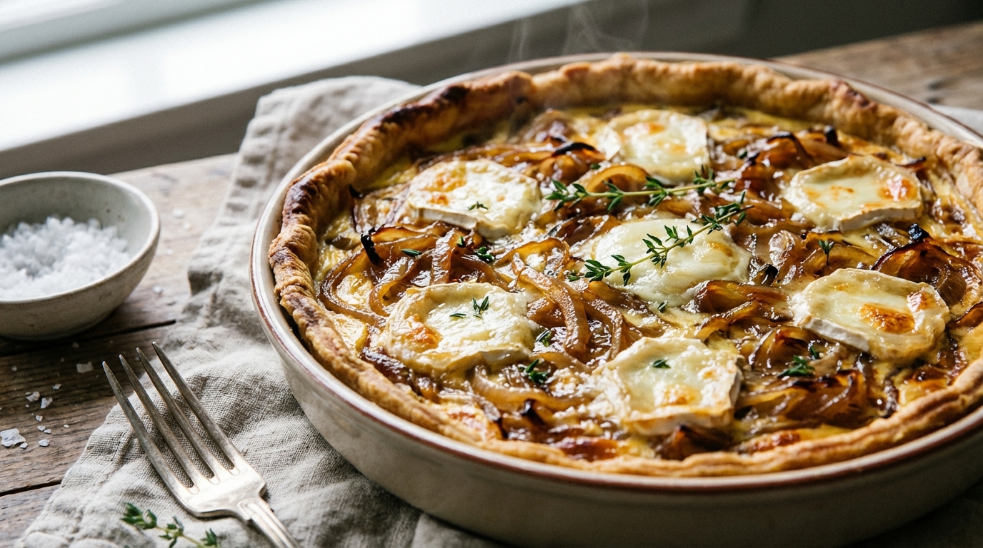 découvrez une quiche légère aux oignons caramélisés et chèvre fondant, une recette savoureuse et gourmande parfaite pour un repas équilibré.