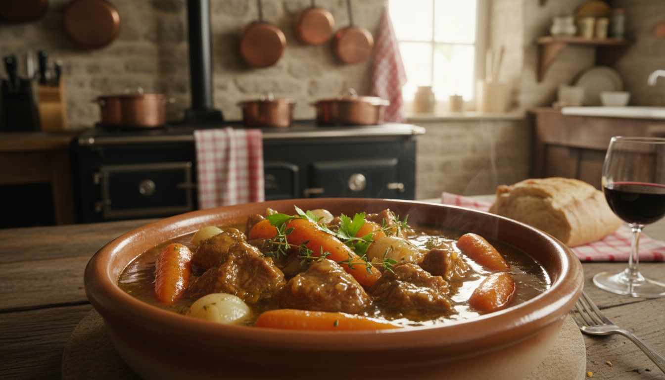 découvrez un ragoût de mouton fondant accompagné de carottes éclatantes et d'une sauce ambrée savoureuse, pour une expérience gourmande qui sublimera votre dîner.