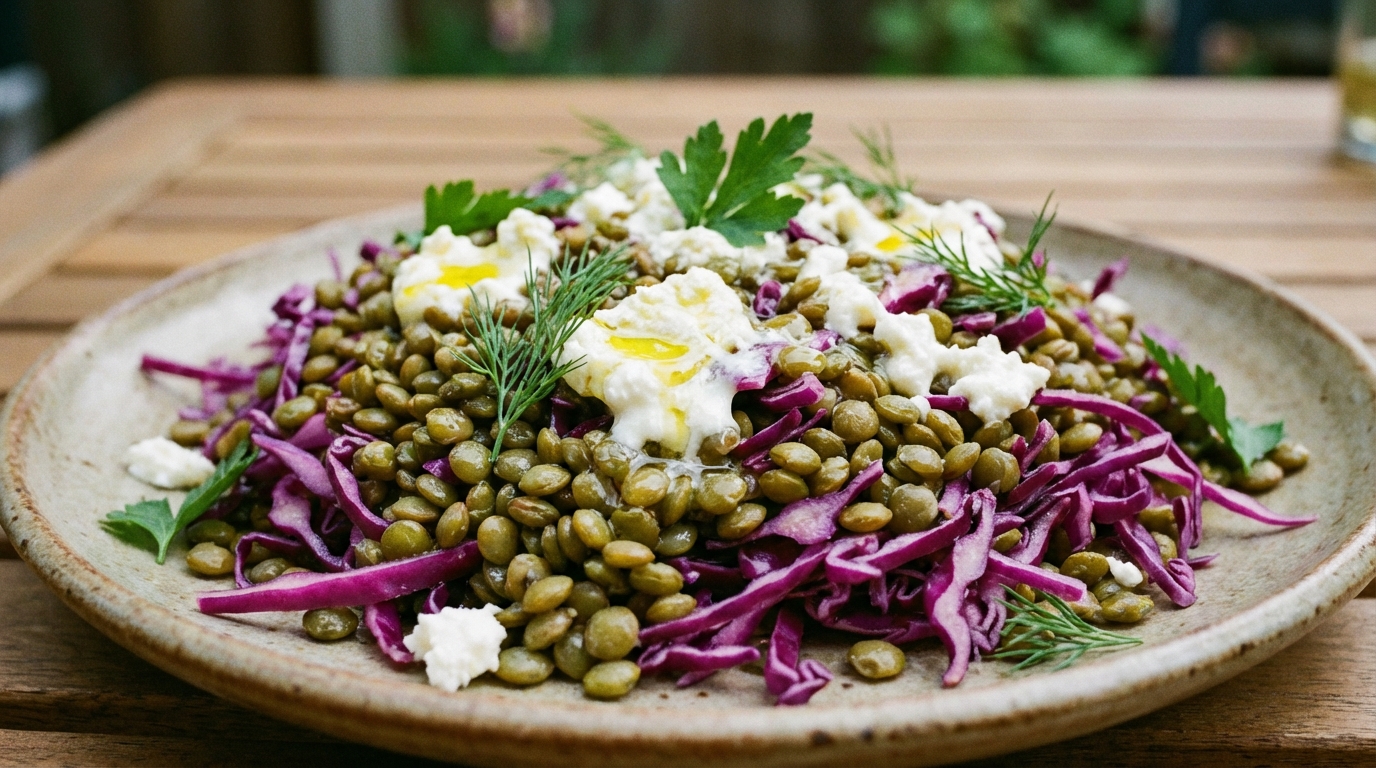 découvrez une recette gourmande alliant salade de lentilles riche en protéines, chou rouge croquant et chèvre fondant pour une explosion de saveurs équilibrées et raffinées.