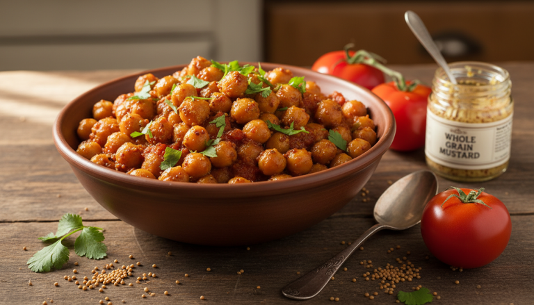 découvrez une recette simple et savoureuse de pois chiches à la tomate et à la moutarde relevée pour transformer vos plats avec des ingrédients de placard.
