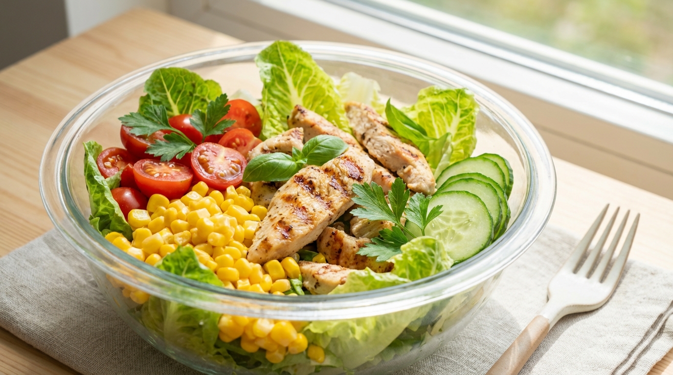 découvrez une recette minceur pleine de fraîcheur avec notre salade légère au poulet, maïs et tomates, idéale pour un repas sain et savoureux.