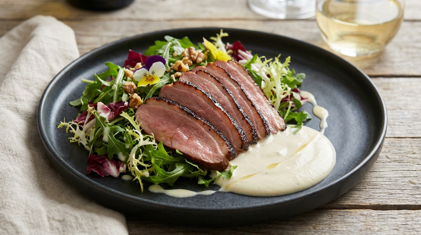 découvrez notre salade raffinée au magret de canard fumé, sublimée par une onctueuse sauce au fromage frais pour un équilibre parfait de saveurs.