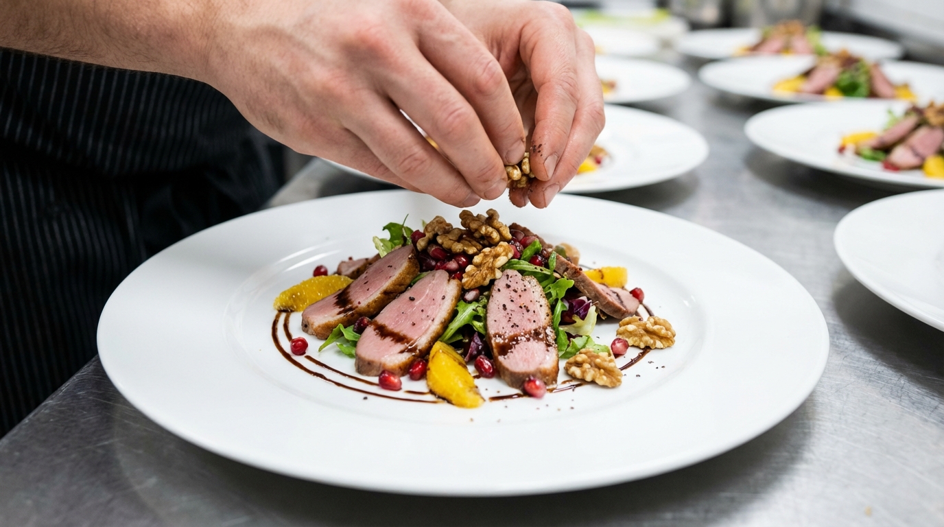 découvrez notre salade raffinée alliant magret de canard fumé et une sauce onctueuse au fromage frais, pour une expérience gustative élégante et savoureuse.