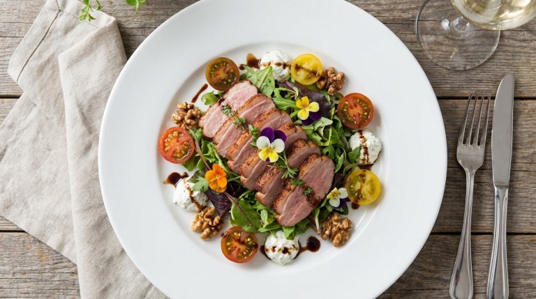 découvrez notre salade raffinée alliant magret de canard fumé et une onctueuse sauce au fromage frais, une alliance parfaite de saveurs délicates pour un repas gourmand et léger.