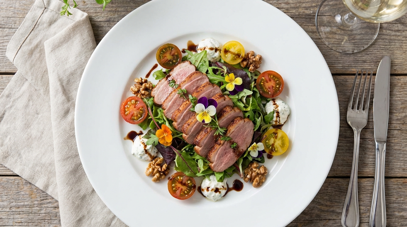 découvrez notre salade raffinée alliant magret de canard fumé et une onctueuse sauce au fromage frais, une alliance parfaite de saveurs délicates pour un repas gourmand et léger.