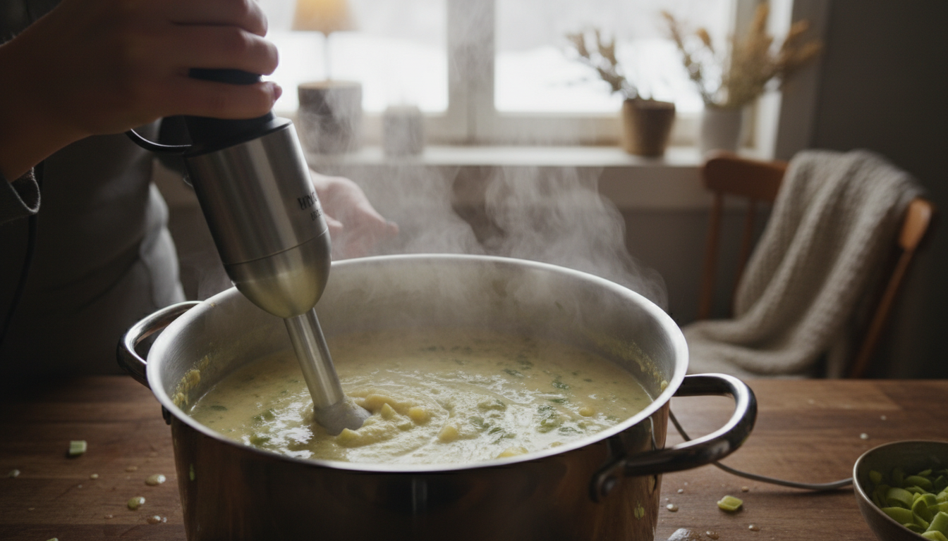 découvrez notre recette facile et réconfortante de velouté de poireaux onctueux avec seulement 2 ingrédients, parfaite pour réchauffer 4 personnes cet hiver.