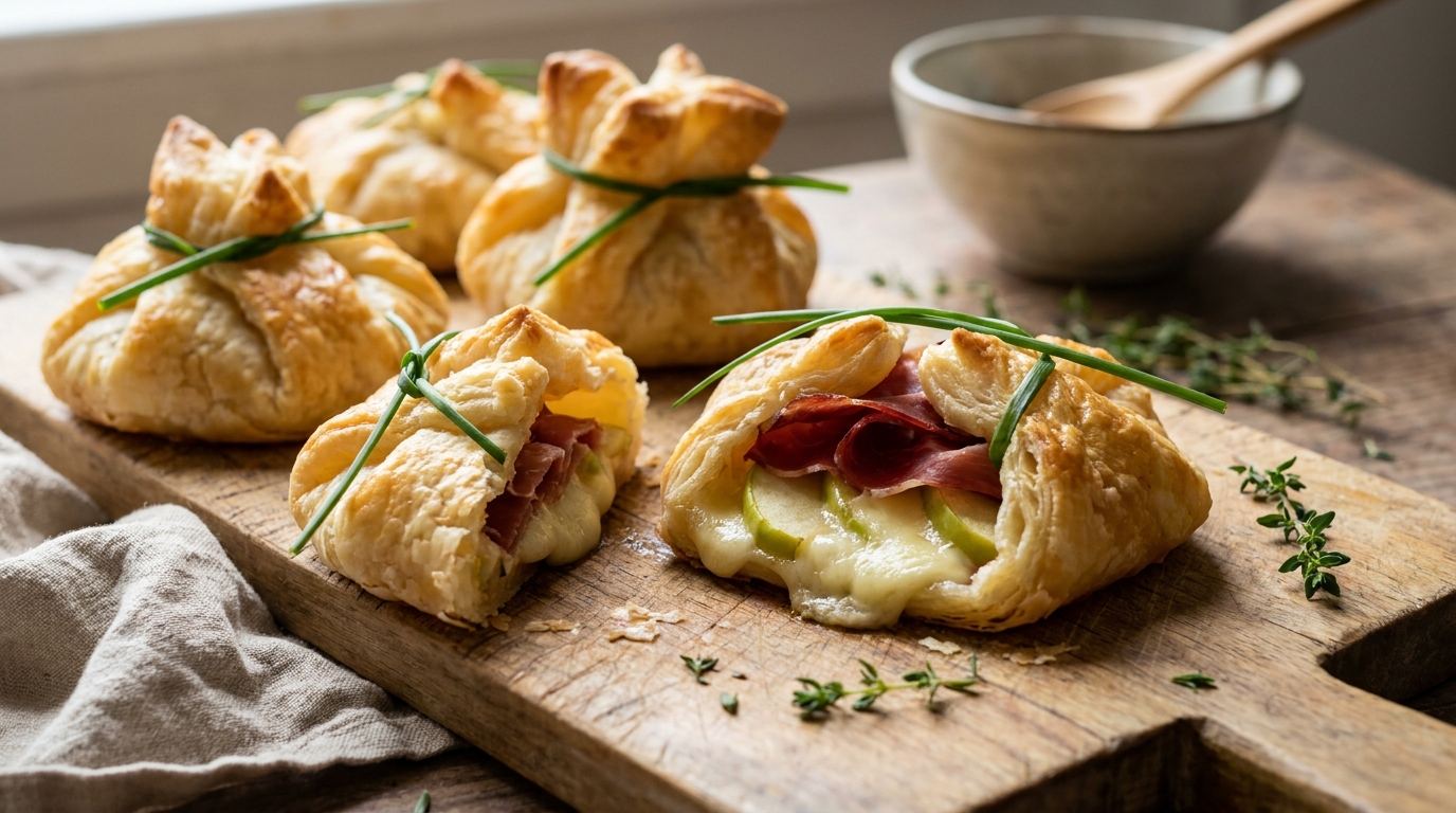 découvrez nos aumônières gourmandes et légères réunissant pomme croquante, mozzarella fondante et jambon sec savoureux pour un repas équilibré et délicieux.
