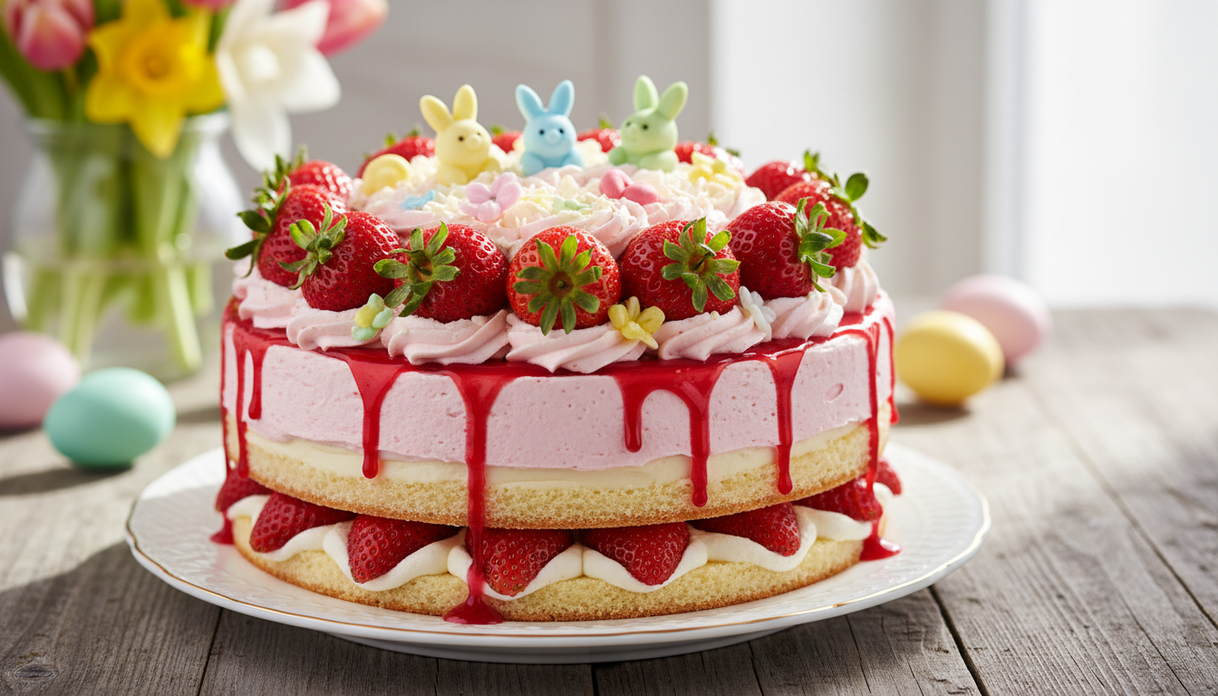 découvrez ce fraisier de pâques généreux et parfumé, une explosion de douceur alliant couches moelleuses et crème gourmande, parfait pour célébrer en famille.