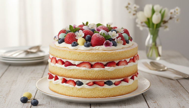 découvrez ce fraisier de pâques généreux et parfumé, alliant couches moelleuses et crème gourmande pour une explosion de douceur irrésistible.