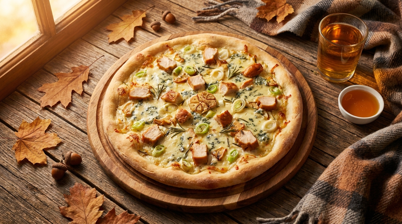 savourez l'automne avec notre pizza au bleu crémeux, poulet fumé et oignons nouveaux, une délicieuse combinaison de saveurs riches et réconfortantes.