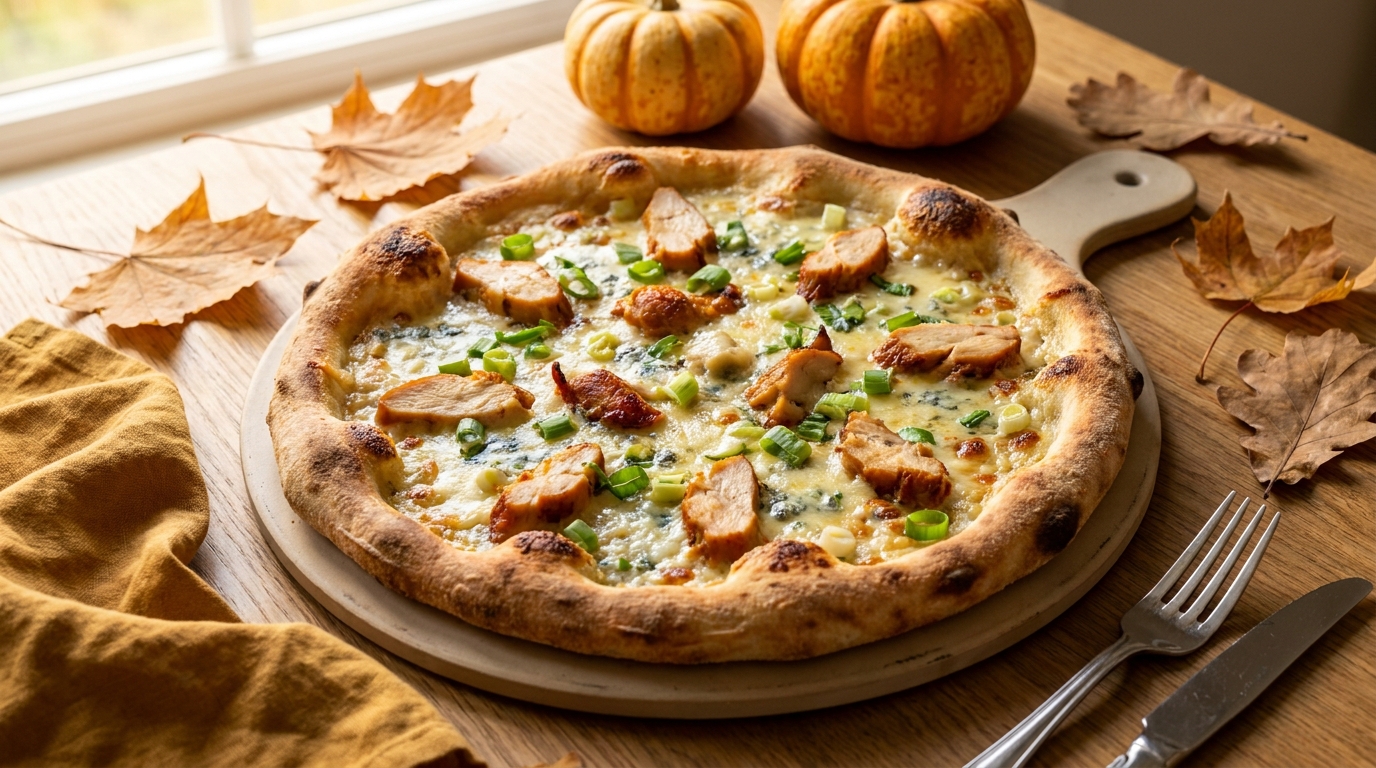 découvrez la saveur unique de notre délice automnal : une pizza gourmande garnie de bleu crémeux, poulet fumé et oignons nouveaux, parfaite pour réchauffer vos soirées d'automne.