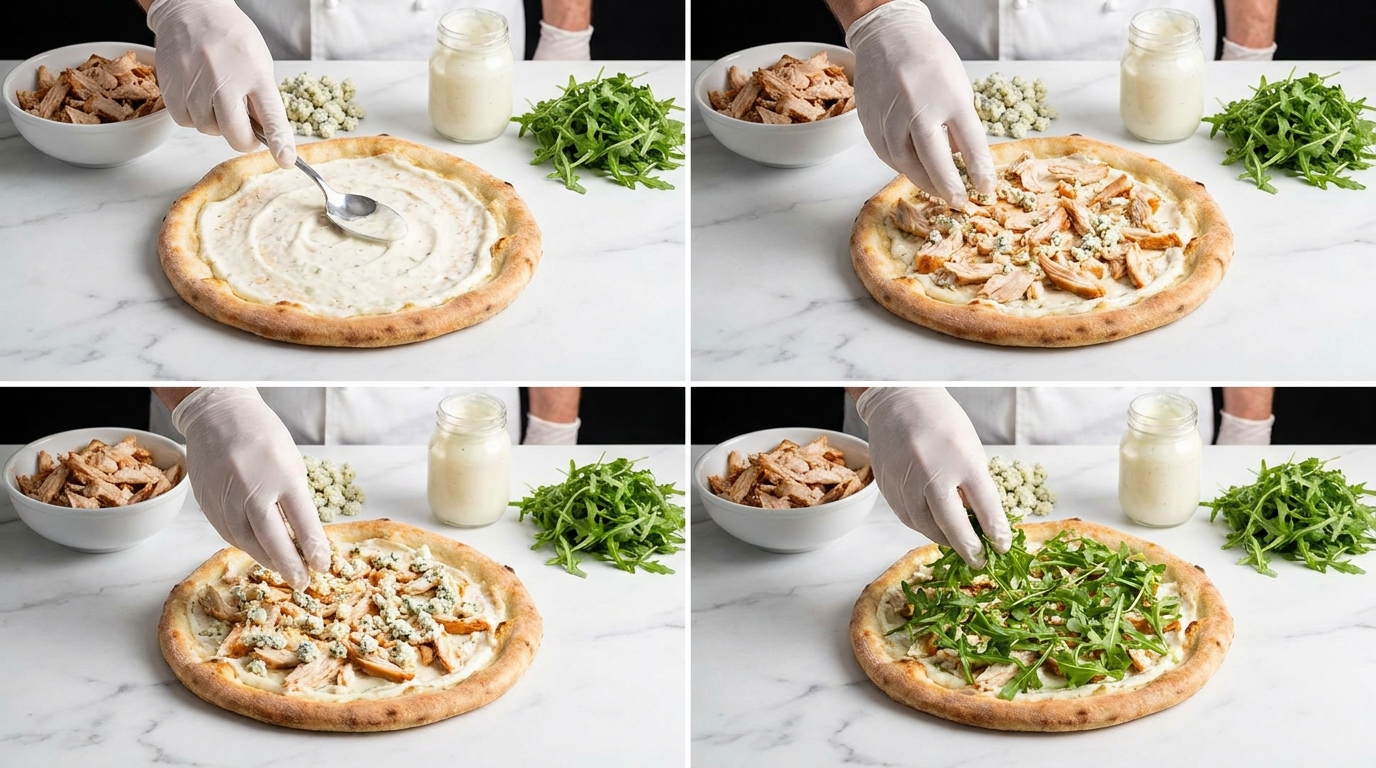 savourez l'automne avec notre pizza gourmande au bleu crémeux, poulet fumé et oignons nouveaux, alliant saveurs riches et fraîcheur pour un délice irrésistible.