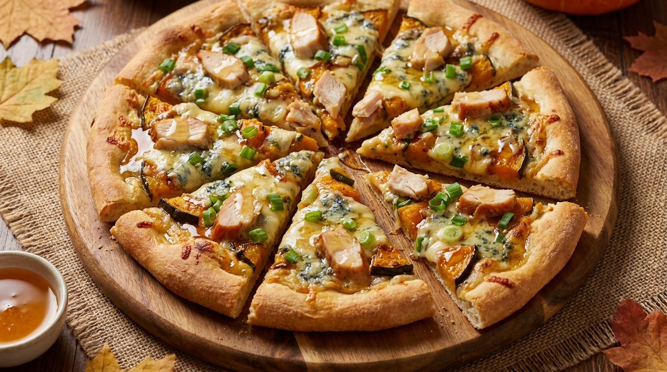 savourez l'automne avec notre pizza gourmande au bleu crémeux, poulet fumé et oignons nouveaux, une explosion de saveurs riches et réconfortantes.