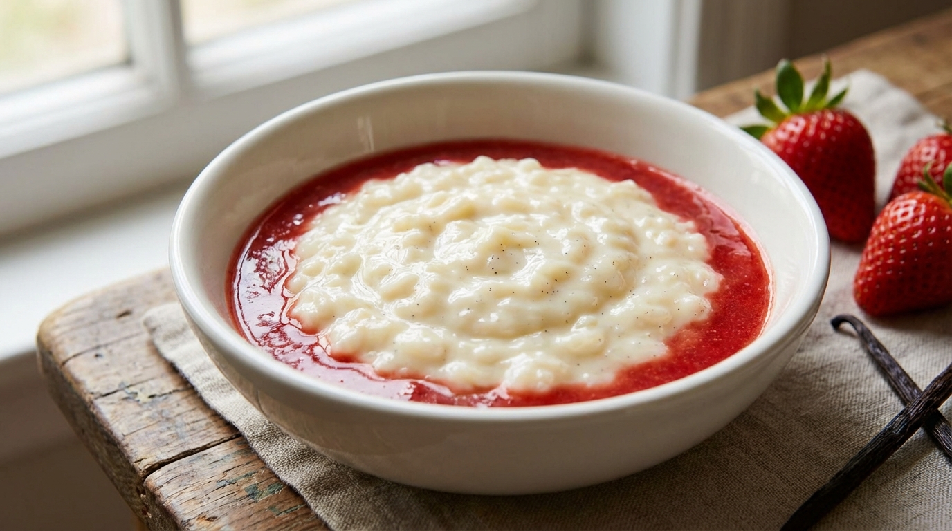 découvrez notre recette simple et savoureuse de riz au lait crémeux parfumé à la vanille, accompagné d'un coulis de fraises léger pour un dessert gourmand et raffiné.