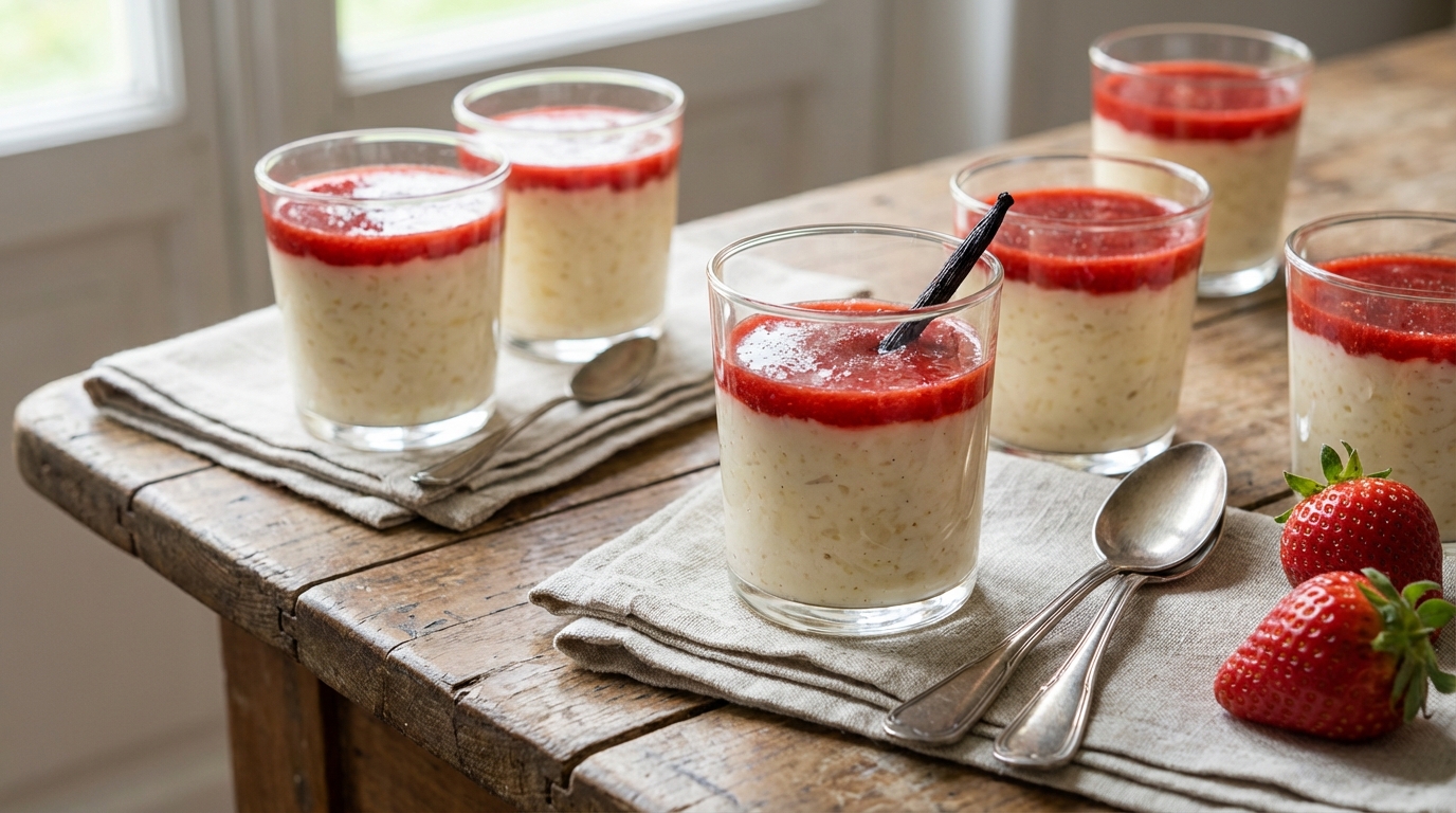 découvrez notre recette simple et savoureuse de riz au lait crémeux parfumé à la vanille, accompagné d'un coulis de fraises léger pour un dessert gourmand et frais.
