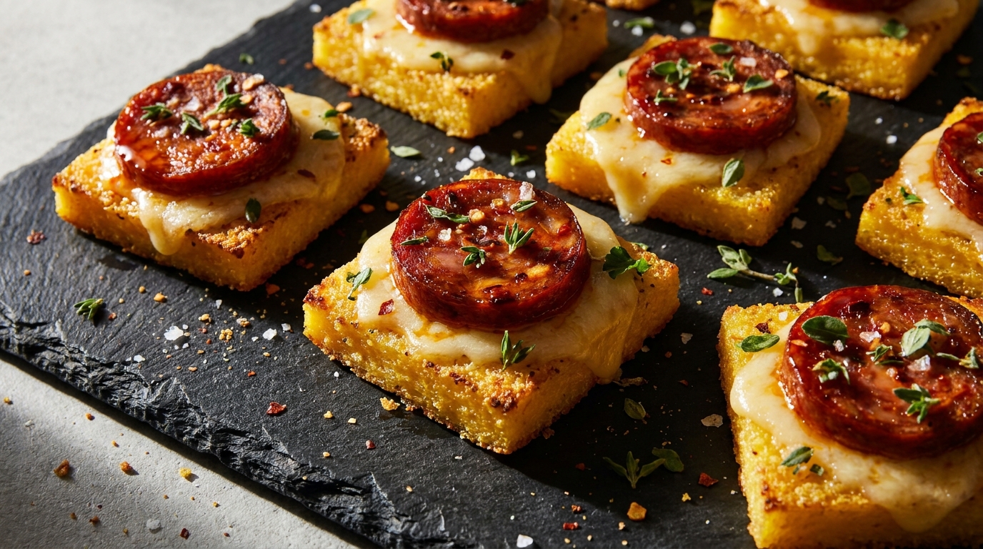 savourez nos toasts de polenta fondante garnis de fromage crémeux et de chorizo épicé pour un délice croustillant et gourmand, parfait en apéritif ou en entrée.
