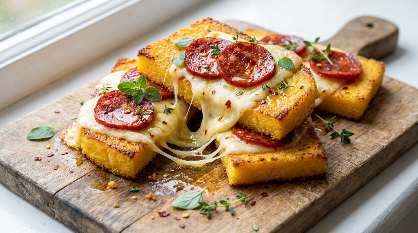 découvrez nos toasts de polenta fondante au fromage accompagnés de chorizo épicé pour un délice croustillant parfait à l'apéritif ou en plat savoureux.