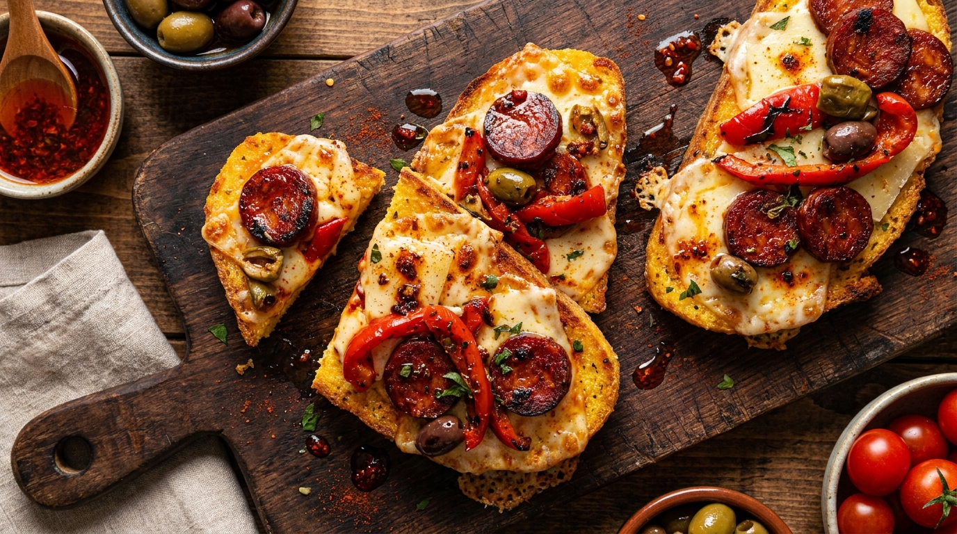 découvrez des toasts de polenta fondante au fromage, relevés par la saveur piquante du chorizo épicé, pour un délice croustillant et gourmand à partager.