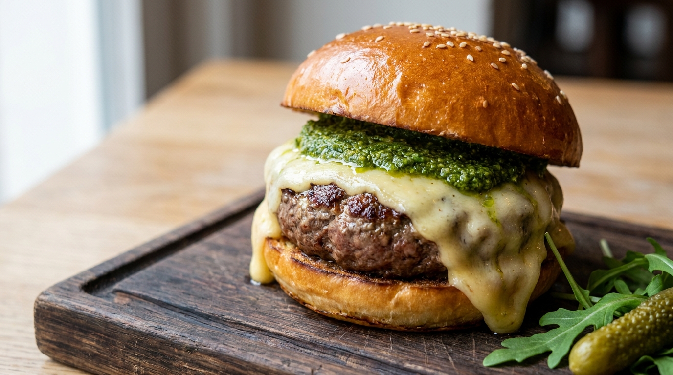 découvrez notre recette gourmande de burger au bœuf avec pesto maison et fromage à raclette fondant, une explosion de saveurs à ne pas manquer.