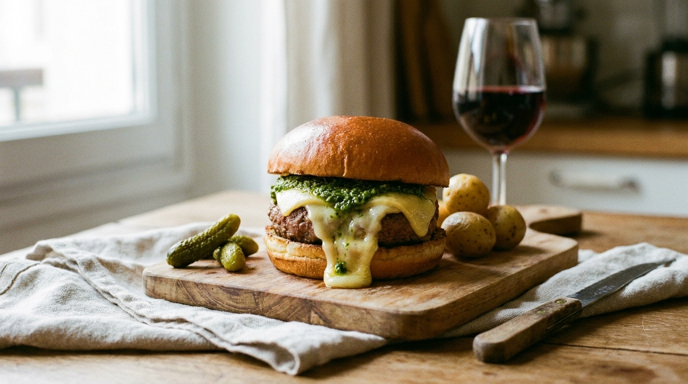 découvrez notre recette gourmande de burger au bœuf avec pesto maison et fromage à raclette fondant, un délice à tester absolument pour régaler vos papilles.
