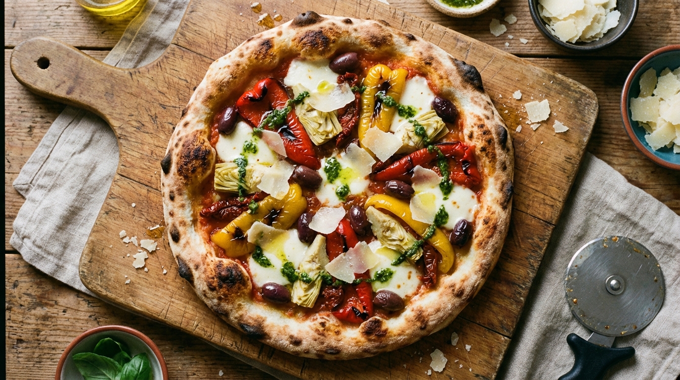savourez une pizza gourmande aux légumes marinés et parmigiano reggiano, un délice méditerranéen qui allie fraîcheur et saveurs authentiques.