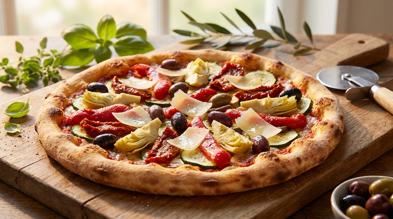 savourez un délice méditerranéen avec notre pizza gourmande garnie de légumes marinés et de parmigiano reggiano, pour une explosion de saveurs authentiques et raffinées.