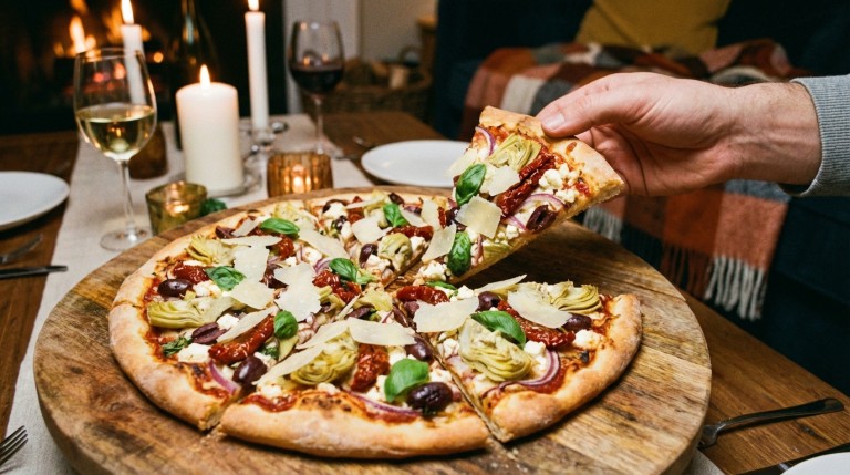 savourez une délicieuse pizza méditerranéenne garnie de légumes marinés et de parmigiano reggiano, alliant fraîcheur et gourmandise pour un repas authentique.