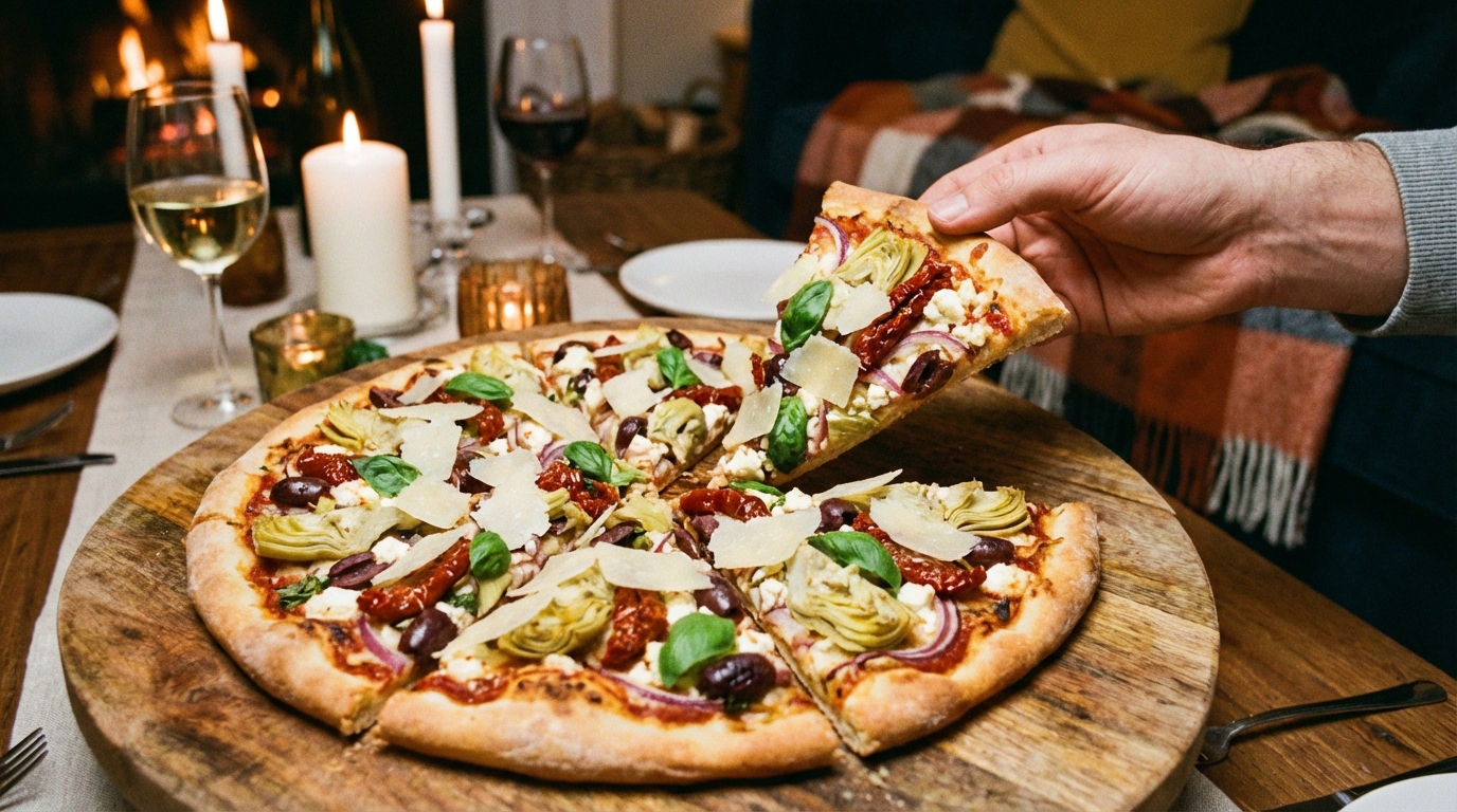 savourez une délicieuse pizza méditerranéenne garnie de légumes marinés et de parmigiano reggiano, alliant fraîcheur et gourmandise pour un repas authentique.