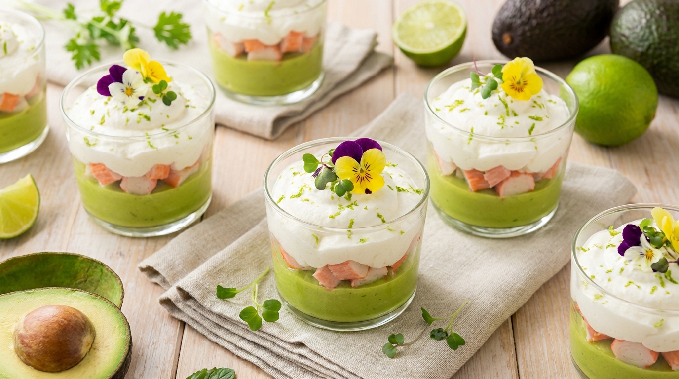 découvrez une délicieuse recette de bulle au fromage frais, avocat, citron vert et surimi, parfaite pour une entrée fraîche et gourmande.