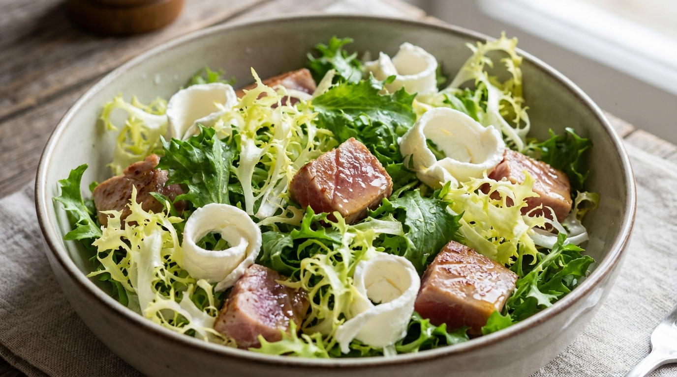 découvrez notre recette de salade frisée au thon et fines languettes de fromage frais, une délicieuse préparation fraîche et légère, parfaite pour un repas sain et gourmand.