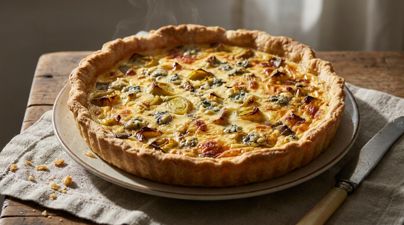 découvrez notre délicieuse tarte aux poireaux fondants et au fromage bleu savoureux, parfaite pour un repas gourmand alliant douceur et saveurs intenses.
