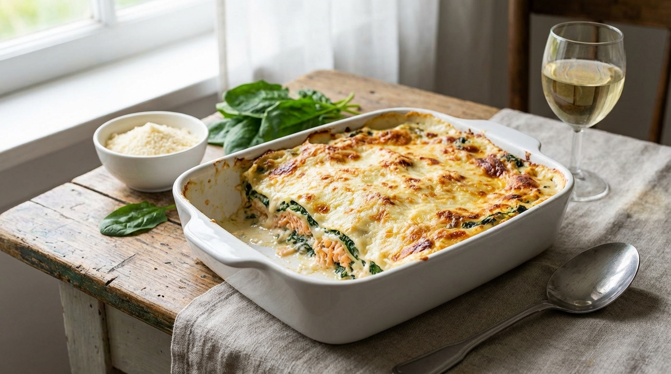 découvrez notre recette savoureuse de lasagnes au saumon, épinards frais et parmesan fondant, un plat gourmand et facile à préparer qui ravira vos papilles.