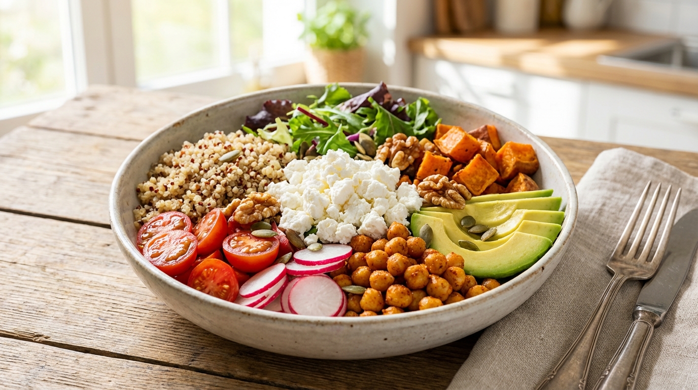 découvrez notre buddha bowl réinventé au fromage de chèvre, alliant saveurs délicates et équilibre nutritionnel dans un bol coloré et gourmand.