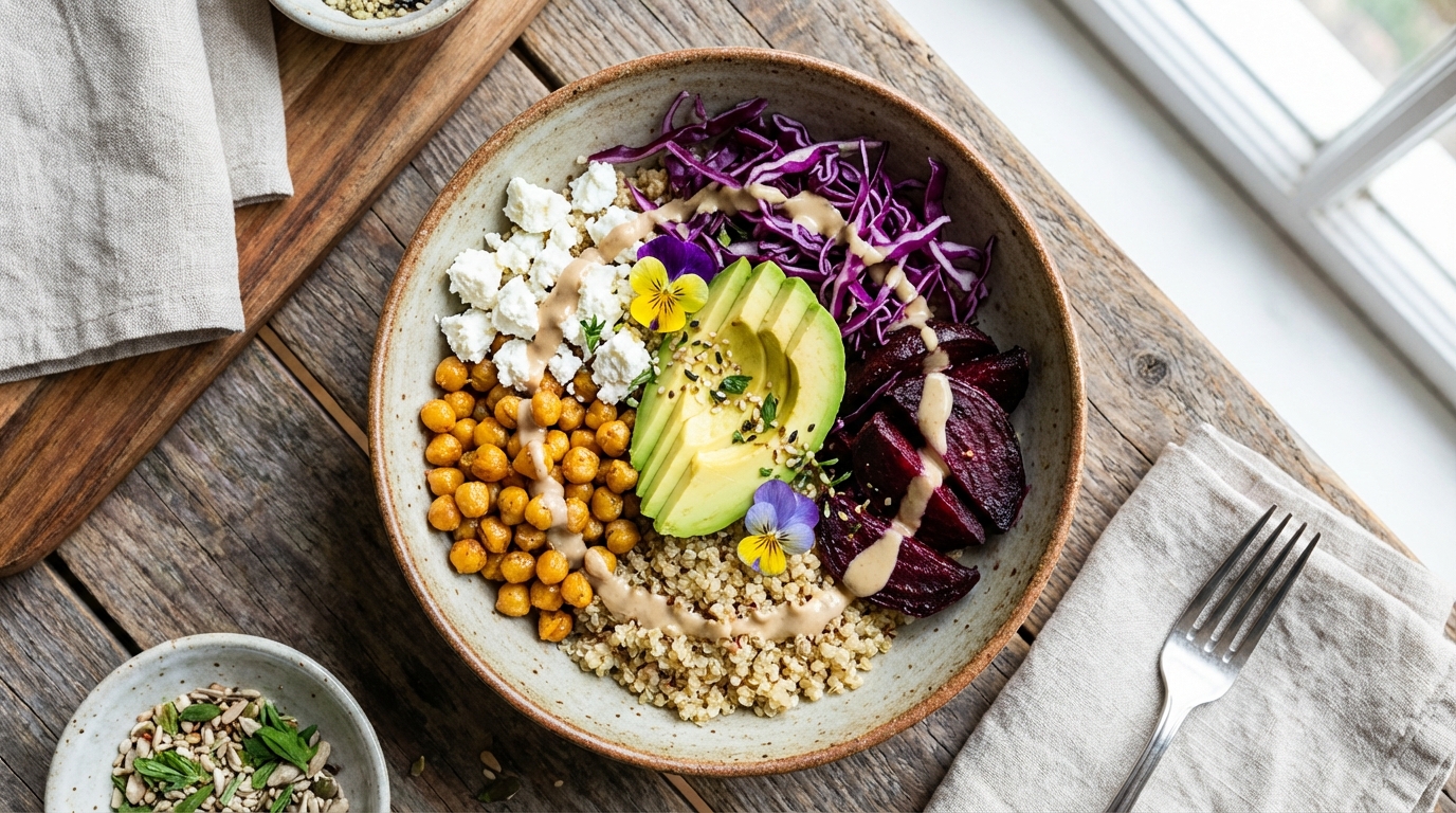 découvrez notre buddha bowl réinventé au fromage de chèvre, une alliance parfaite de saveurs gourmandes et d'équilibre nutritionnel dans un bol coloré et sain.