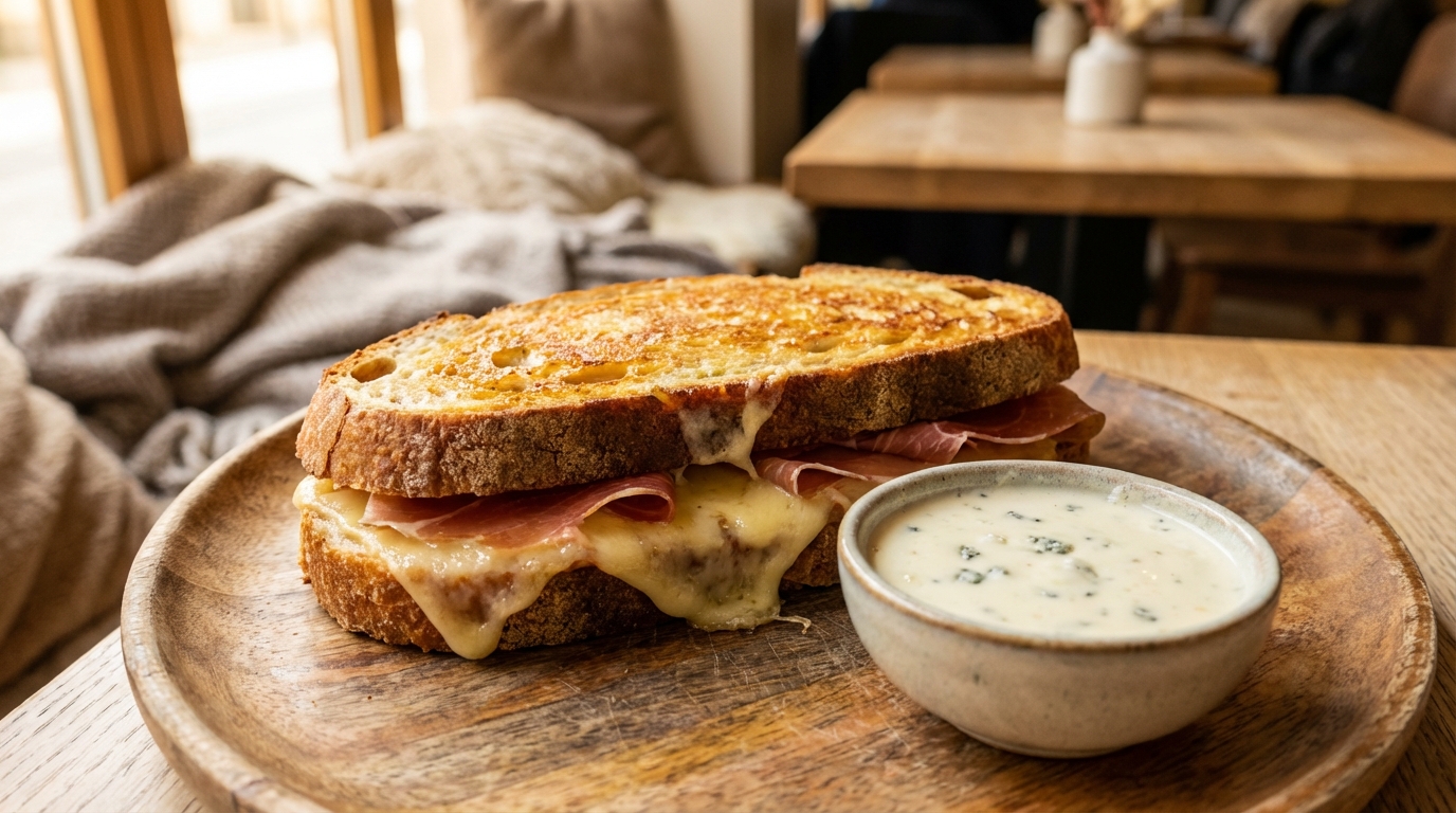 savourez un délicieux croque-monsieur au jambon sec, accompagné d'une crème onctueuse au bleu pour une explosion de saveurs gourmandes et raffinées.
