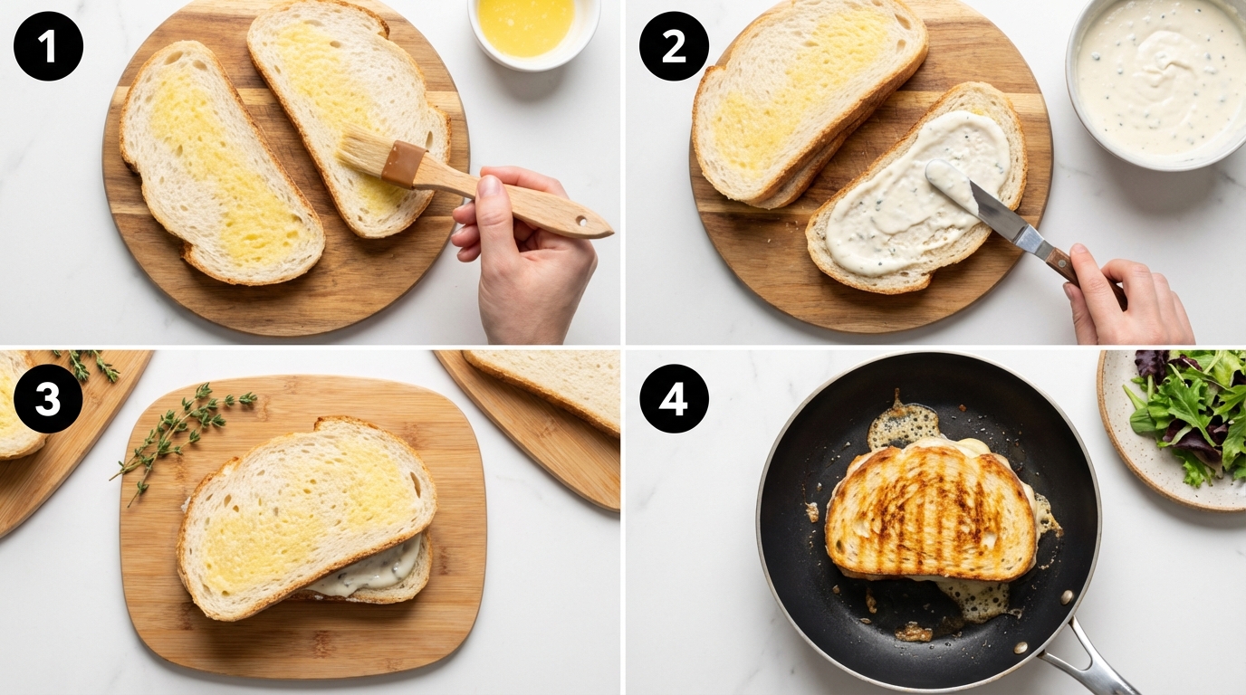 savourez un délicieux croque-monsieur au jambon sec accompagné d'une crème onctueuse au bleu, pour un repas gourmand et raffiné.