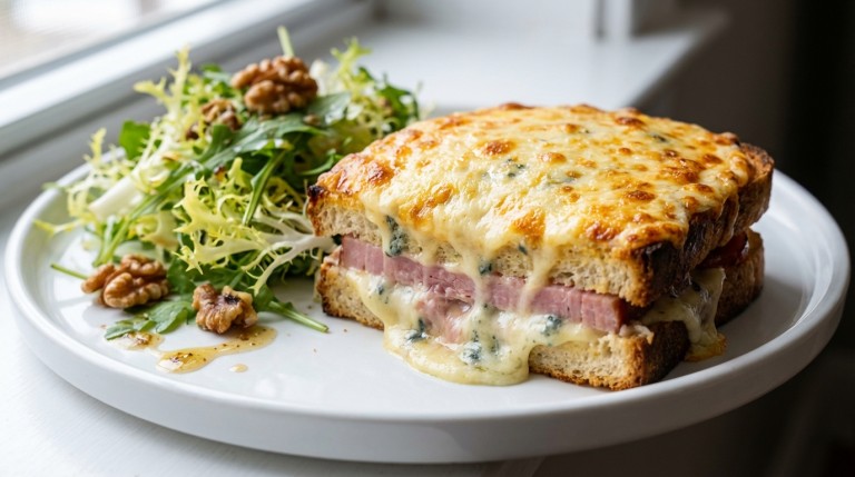 savourez un délicieux croque-monsieur au jambon sec, accompagné d'une crème onctueuse au fromage bleu, pour un repas gourmand et raffiné.