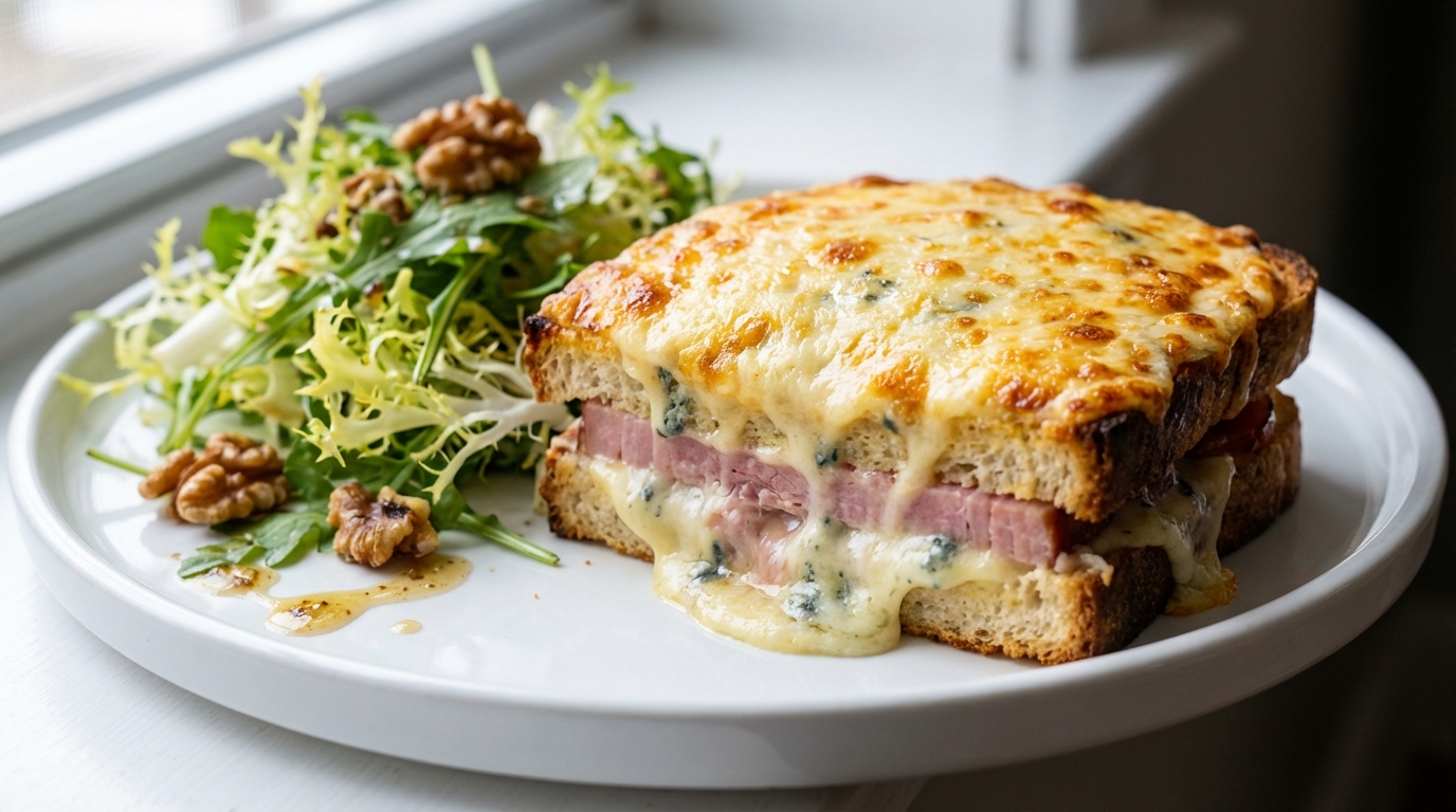 savourez un délicieux croque-monsieur au jambon sec, accompagné d'une crème onctueuse au fromage bleu, pour un repas gourmand et raffiné.