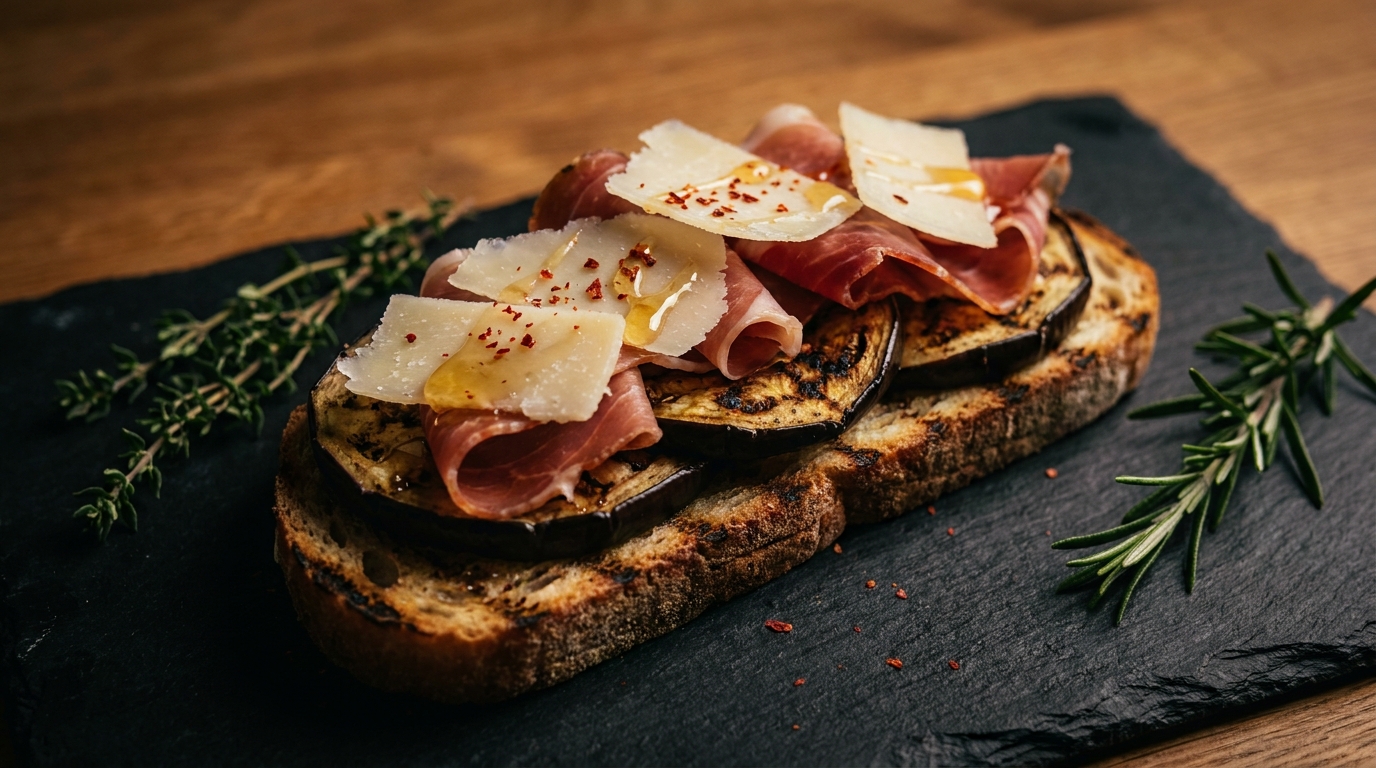 savourez nos toasts gourmands au jambon cru, fromage de brebis et aubergines rôties, une recette simple et délicieuse pour un apéritif ou un repas léger.