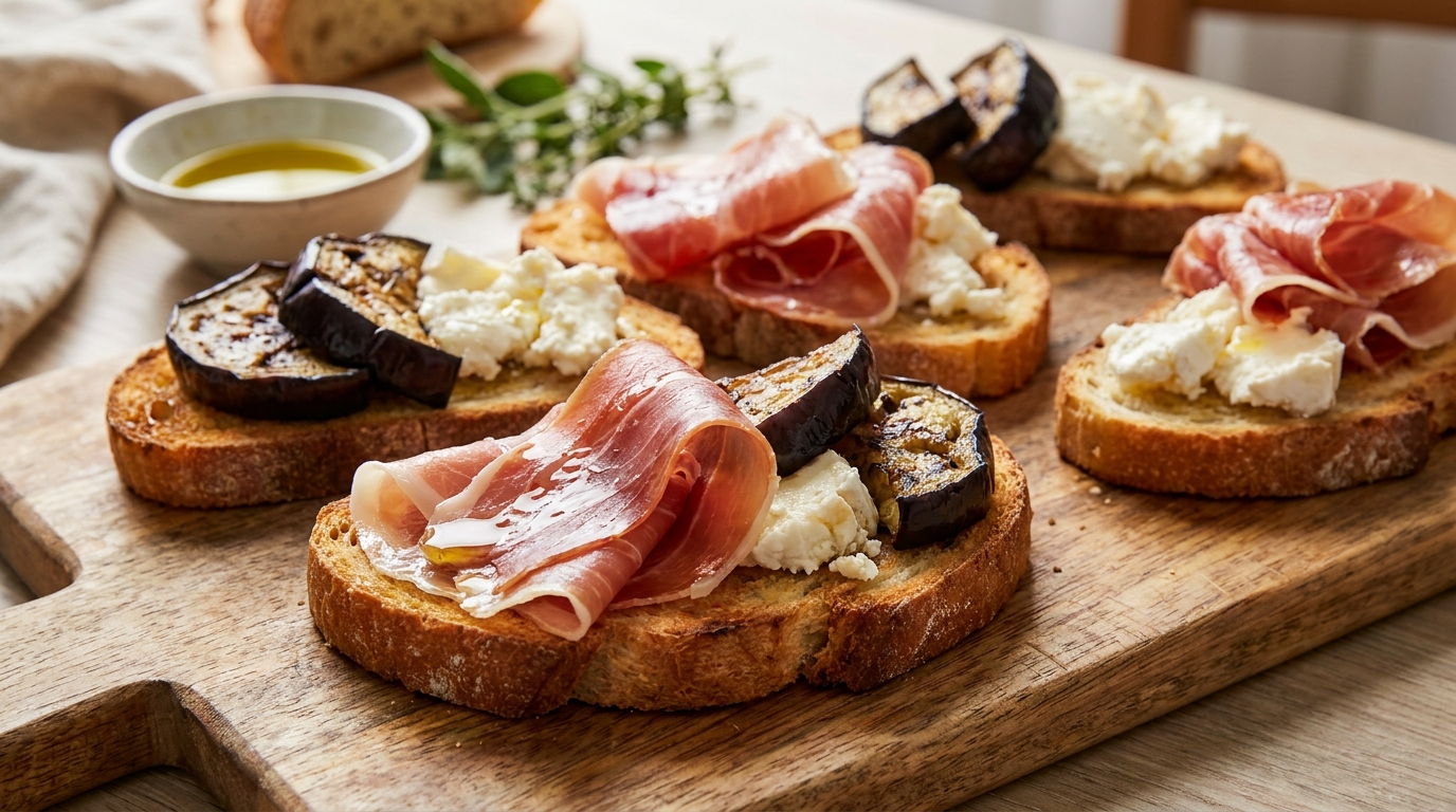 savourez des toasts gourmands alliant jambon cru, fromage de brebis fondant et aubergines rôties pour une explosion de saveurs délicieuses et authentiques.