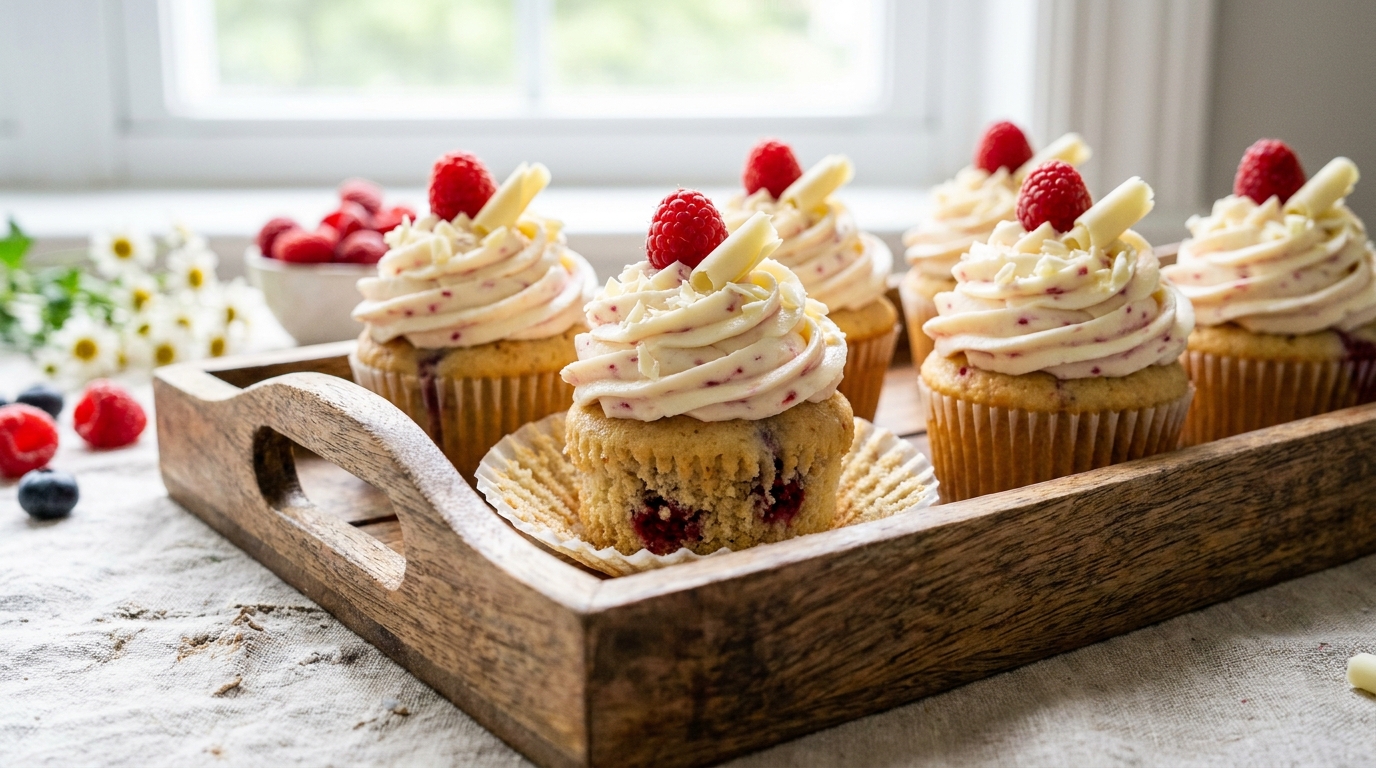 savourez nos délicieux cupcakes vanille-framboise, garnis d'une onctueuse crème au fromage frais et délicatement nappés de chocolat blanc pour un plaisir gourmand irrésistible.