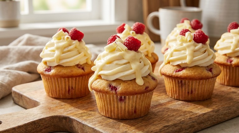 savourez nos délicieux cupcakes vanille-framboise, garnis d'une onctueuse crème au fromage frais et généreusement nappés de chocolat blanc pour un plaisir exquis.