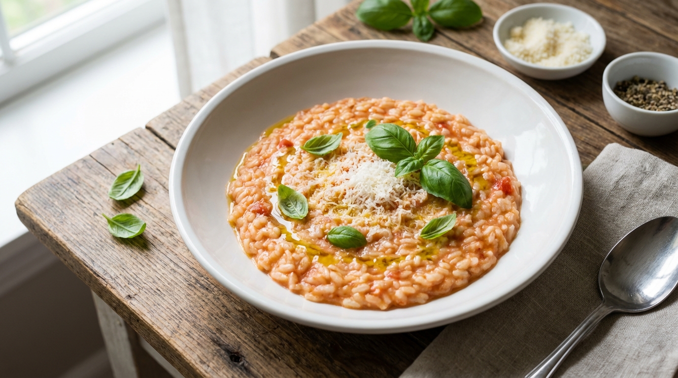 savourez un risotto léger et crémeux, sublimé par une sauce tomate fraîche et un parmesan fondant, pour un repas délicieux et équilibré.