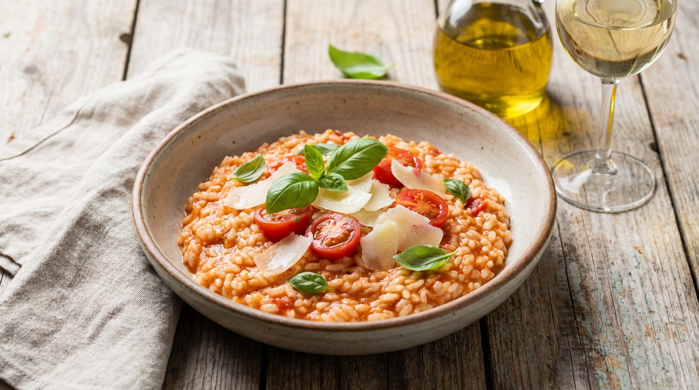 savourez un risotto léger et crémeux, généreusement nappé d'une sauce tomate fraîche et garni de parmesan fondant pour un repas délicieux et équilibré.