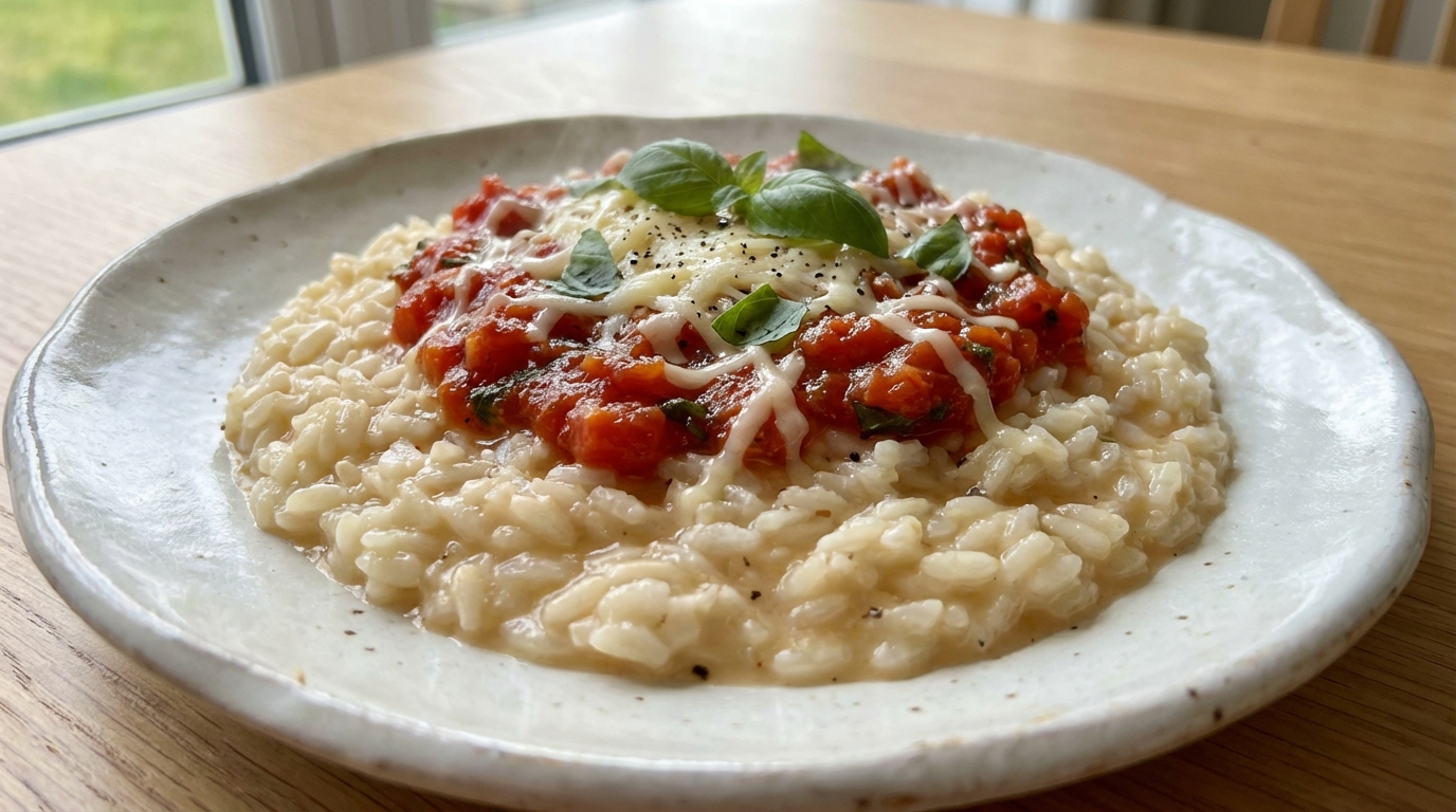 découvrez notre risotto léger et savoureux, nappé d'une sauce tomate fraîche et parsemé de parmesan fondant pour un repas exquis et équilibré.